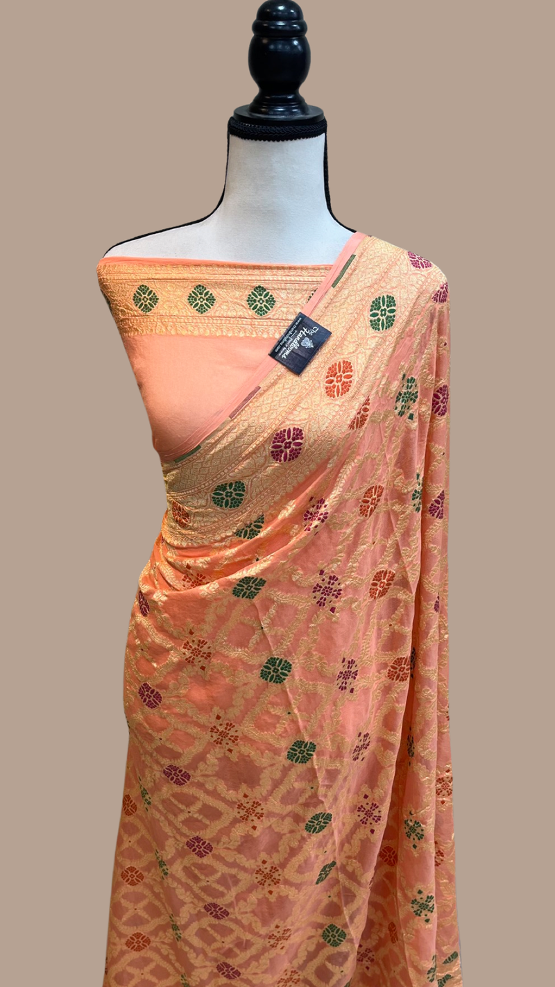 Pure Georgette Banarasi Handloom Saree - with meenakari work Gold Zari - The Handlooms