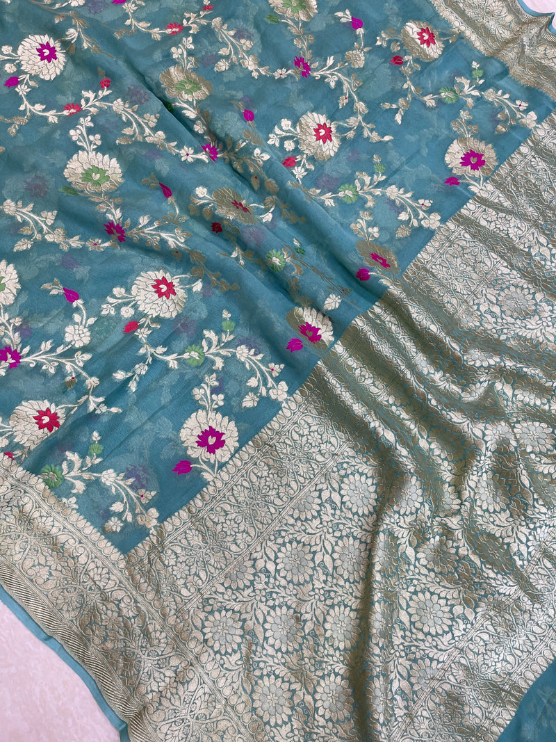 Khaddi Georgette Handloom Banarasi Saree - All over Jaal Work with meenakari - The Handlooms