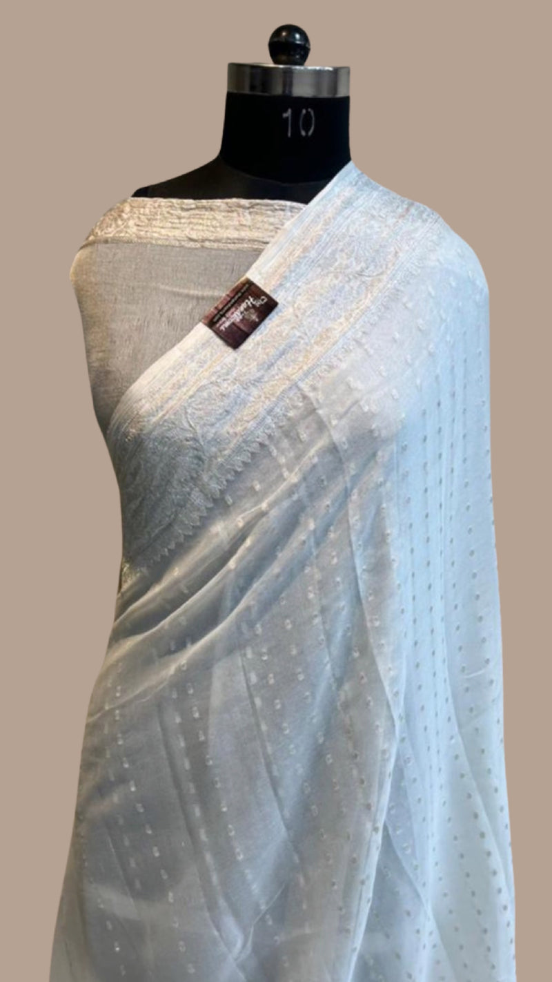 White Pure Georgette Handloom Banarasi Saree - The Handlooms