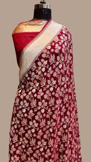Maroon Khaddi Georgette Handloom Banarasi Saree - The Handlooms