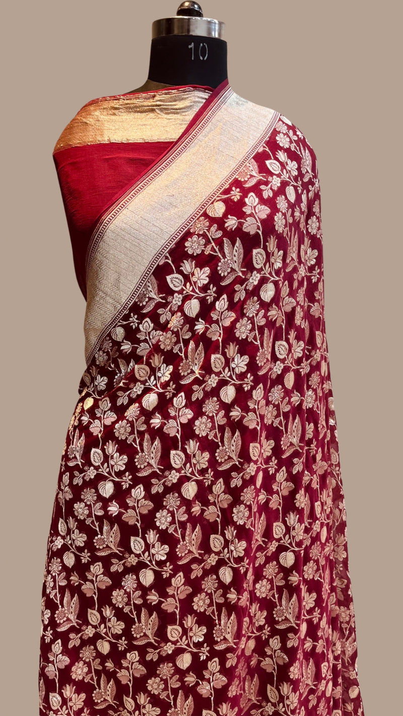 Maroon Khaddi Georgette Handloom Banarasi Saree - The Handlooms