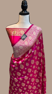 Hot Pink Pure Katan Silk Banarasi Handloom Saree - All over Jaal work - The Handlooms