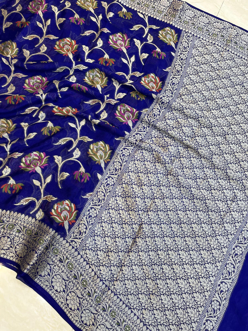 Navy Blue Pure Chiffon Khaddi Banarasi Saree - The Handlooms