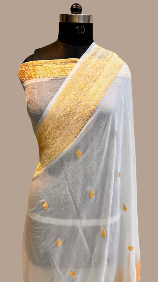 White Pure Georgette Banarasi Saree - Gold zari - The Handlooms