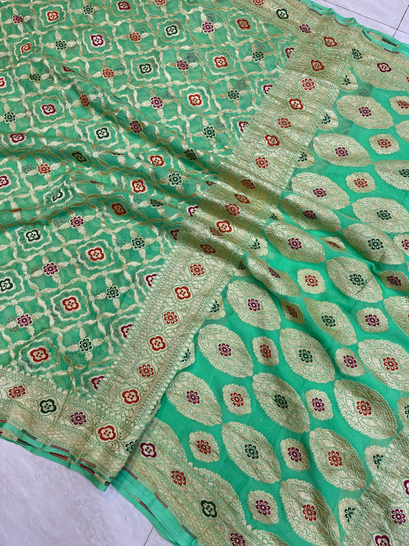 Pure Georgette Banarasi Handloom Saree - with meenakari work Gold Zari - The Handlooms