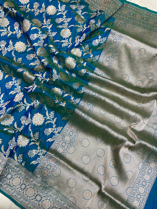 Dual tone Pure Katan Silk Banarasi Handloom Saree - All over Sona Roopa Jaal work - The Handlooms