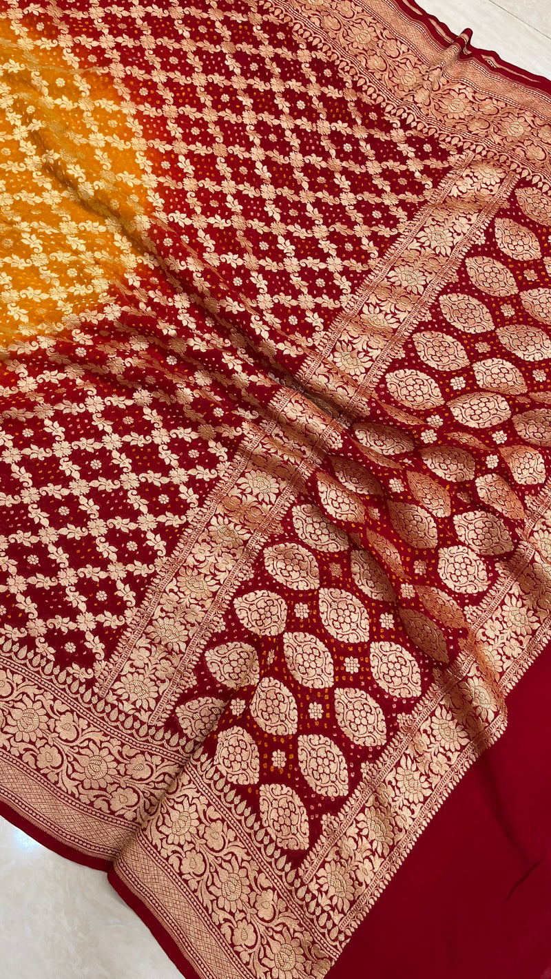 Pure Georgette Banarasi Bandhej Handloom Dupatta - Dual Shade - The Handlooms