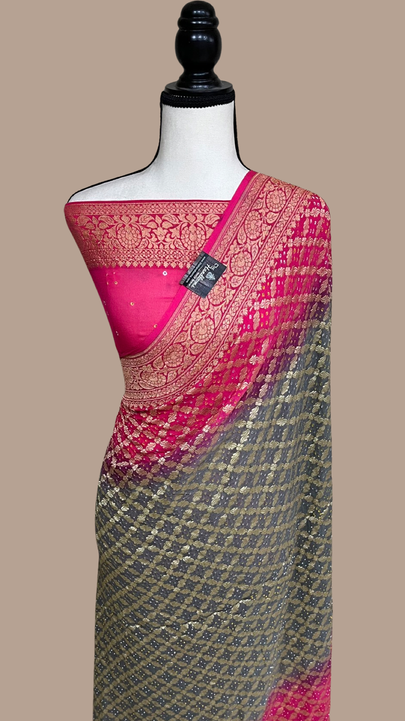 Dual Shade Pure Georgette Banarasi Bandhej Handloom Saree - The Handlooms