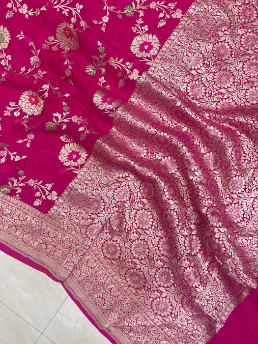 Hot Pink Khaddi Georgette Handloom Banarasi Saree - All over jaal work with meenakari - The Handlooms
