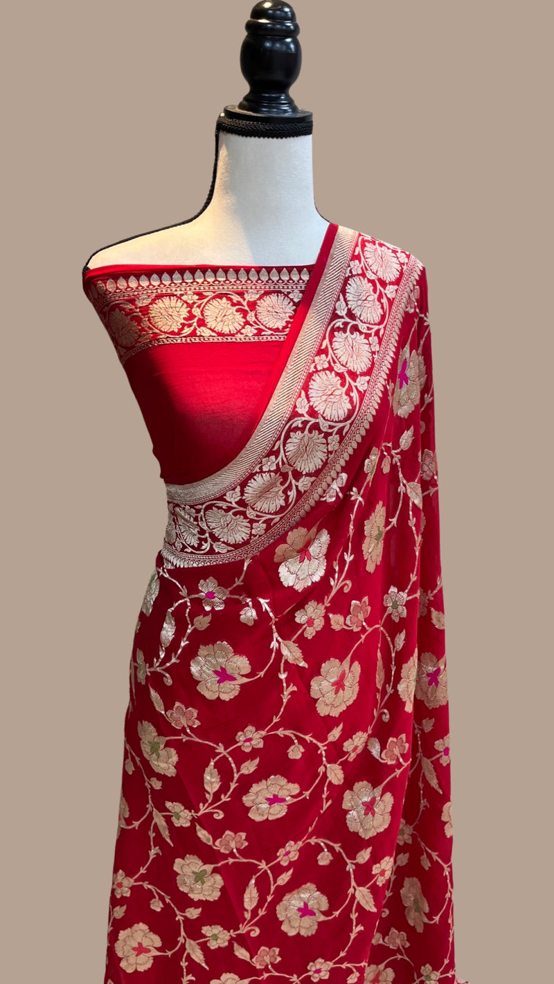 Khaddi Georgette Handloom Banarasi Saree - All over Jaal Work with meenakari - The Handlooms