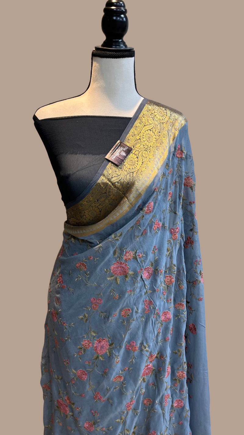 Pure Georgette Chikankari Handloom Banarasi Saree - The Handlooms