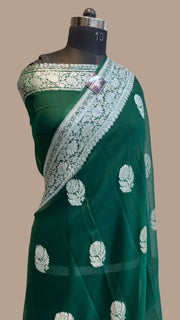 Green Pure Georgette Banarasi Handloom Saree - The Handlooms