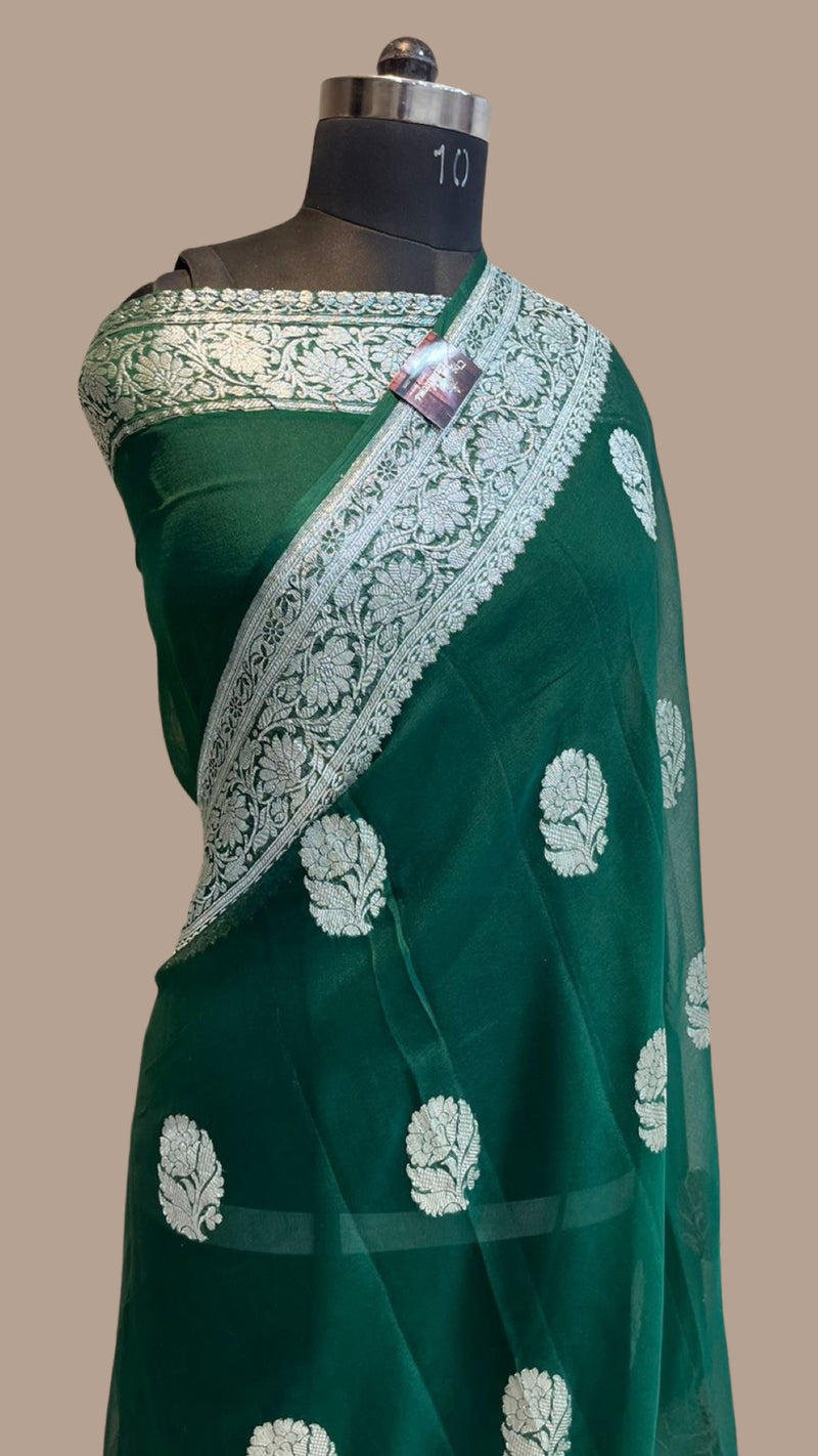 Green Pure Georgette Banarasi Handloom Saree - The Handlooms