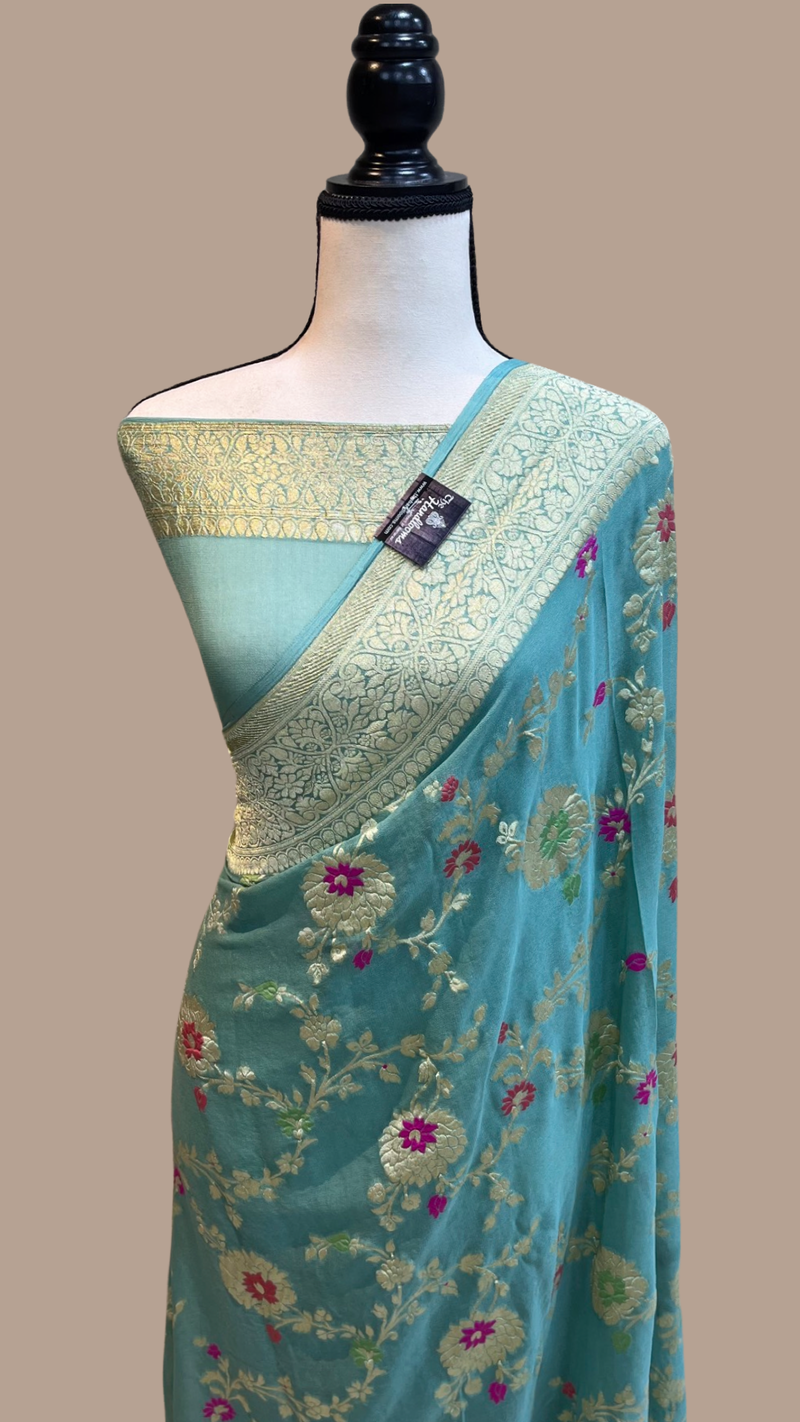 Khaddi Georgette Handloom Banarasi Saree - All over Jaal Work with meenakari - The Handlooms