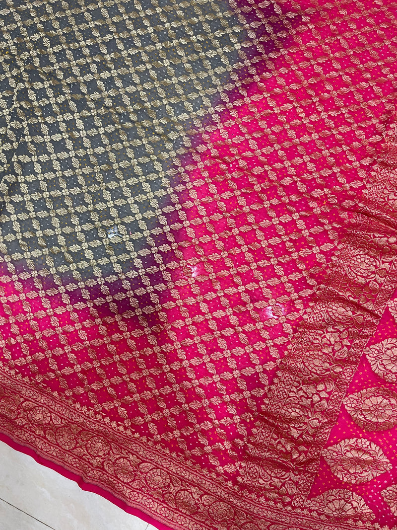 Dual Shade Pure Georgette Banarasi Bandhej Handloom Saree - The Handlooms