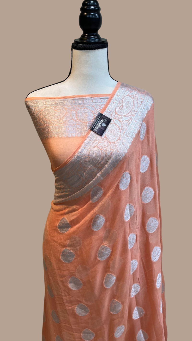 Peach Pure Chiffon Khaddi Banarasi Saree - The Handlooms