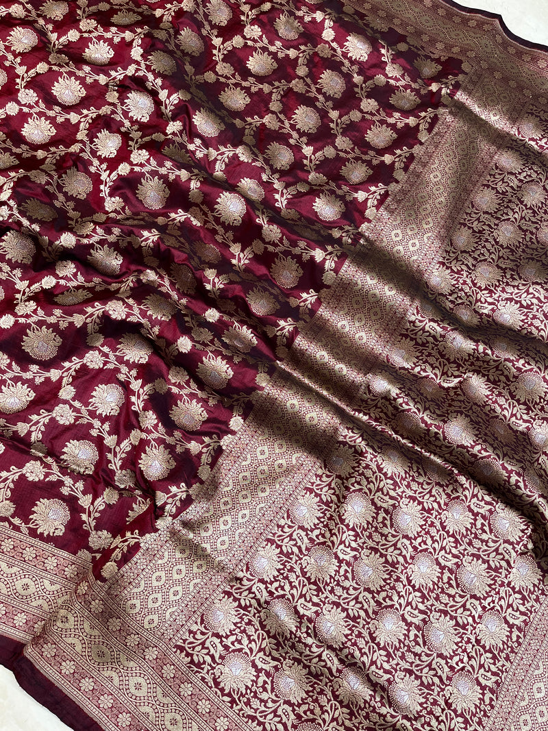 Pure Katan Silk Banarasi Handloom Saree - All over Sona Roopa Jaal work - The Handlooms