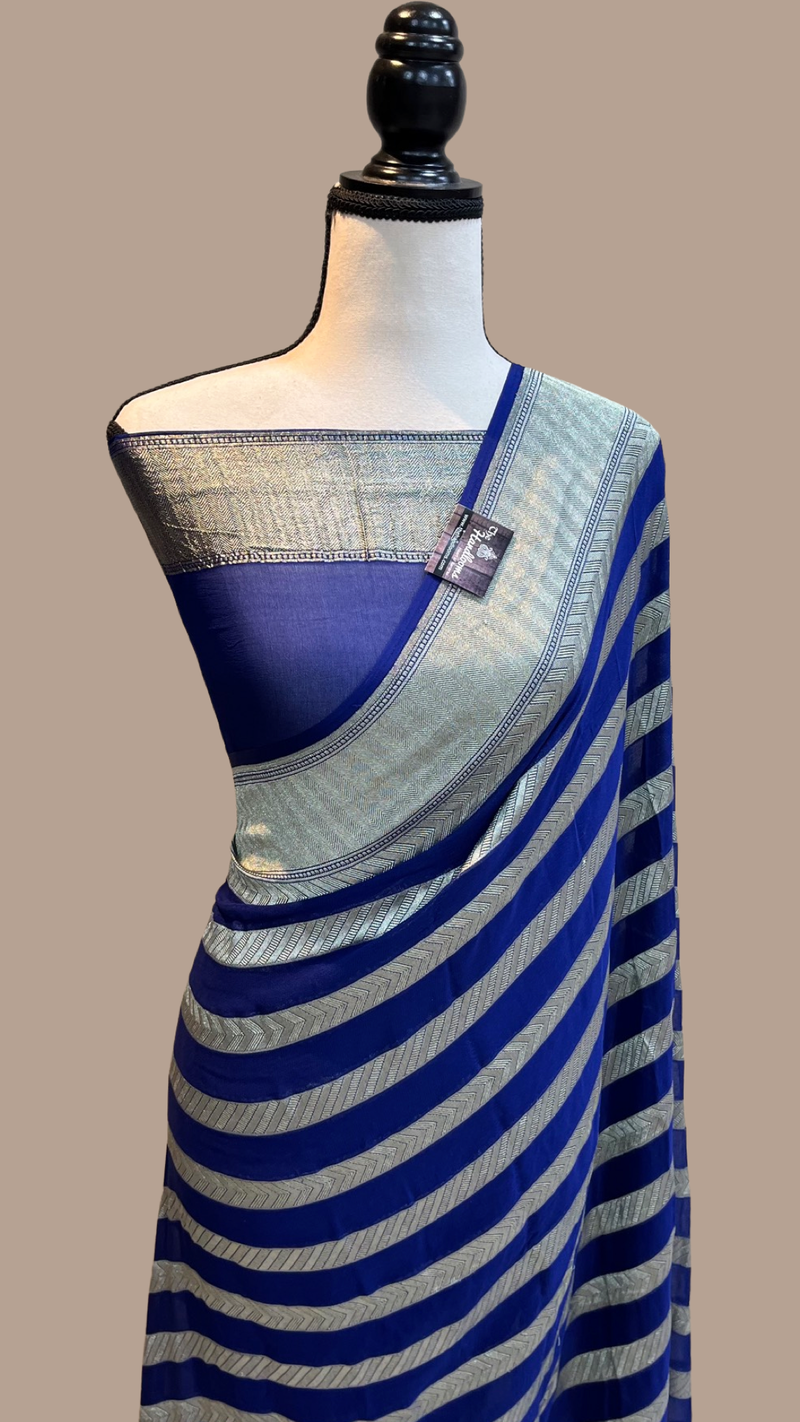 Blue Khaddi Georgette Handloom Banarasi Saree - The Handlooms