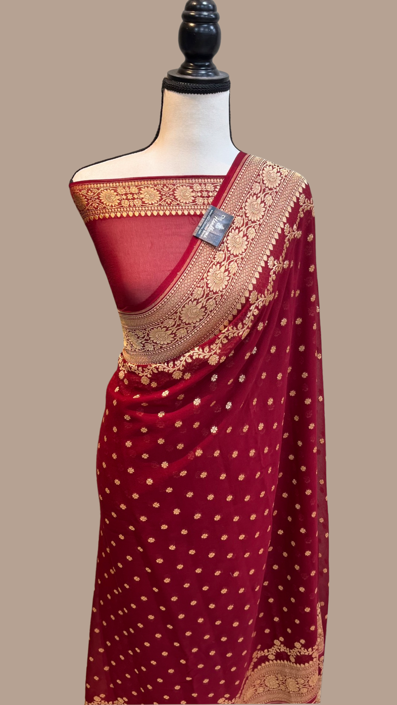 Maroon Khaddi Georgette Handloom Banarasi Saree - Gold zari - The Handlooms