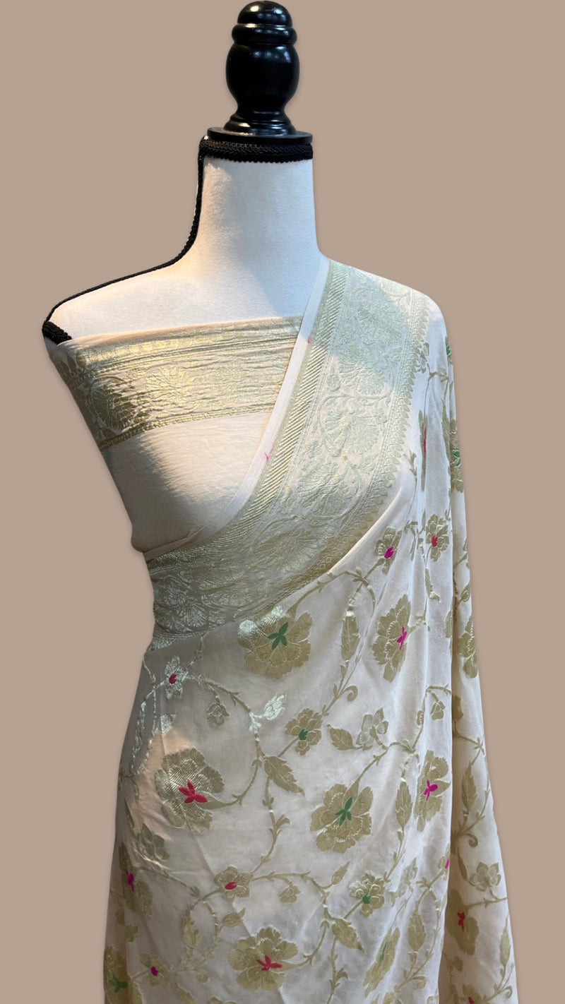 Khaddi Georgette Handloom Banarasi Saree - All over Jaal Work with meenakari - The Handlooms