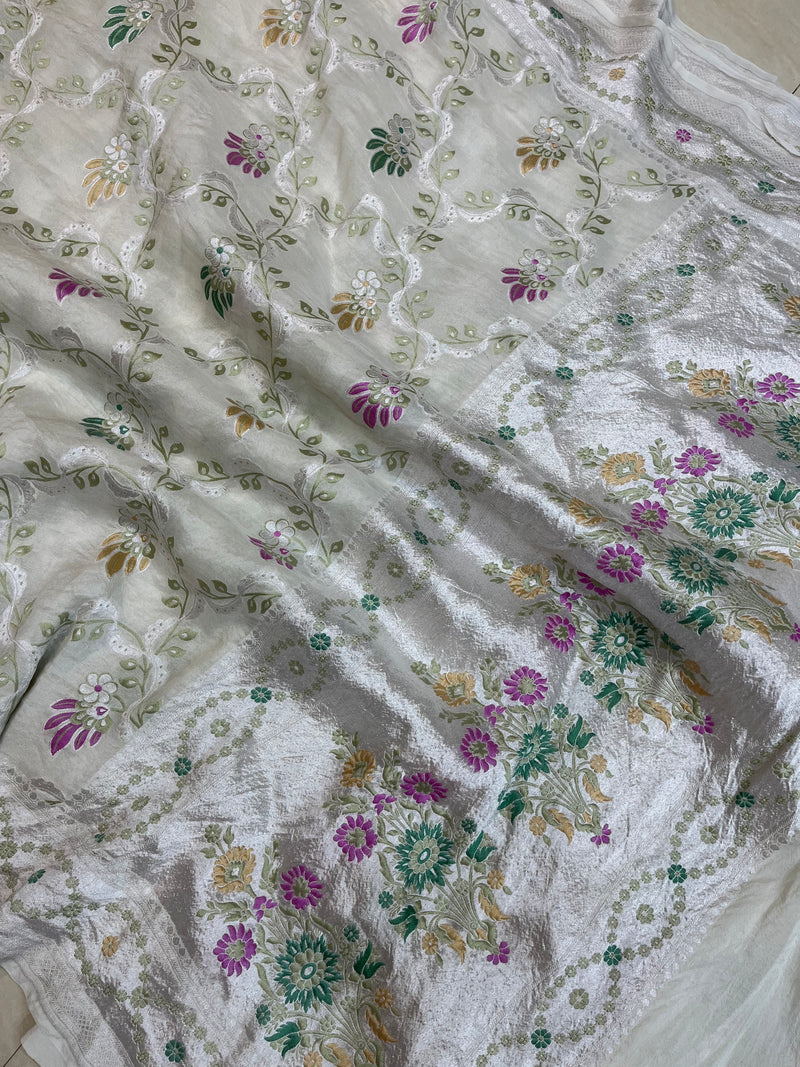 Tussar Georgette Handloom Banarasi Saree - All over Jaal Work with meenakari - The Handlooms