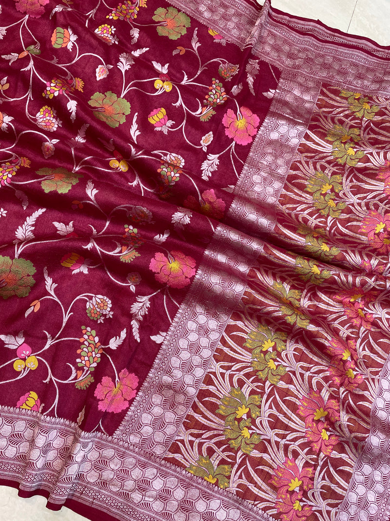 Pure Tussar Georgette Handloom Banarasi Saree - All over Jaal Work with meenakari - The Handlooms
