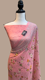 Pure Georgette  Digital Print with Chikankari Handloom Banarasi Saree - The Handlooms