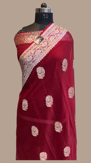 Maroon Pure Georgette Banarasi Handloom Saree - The Handlooms