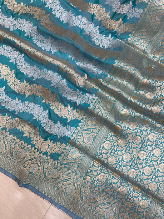 Aqua Blue Pure Katan Silk Banarasi Handloom Saree - All Over Sona Roopa Work - The Handlooms