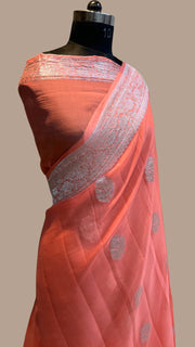 Peach Pure Georgette Banarasi Handloom Saree - The Handlooms