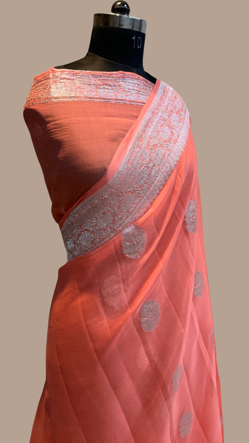 Peach Pure Georgette Banarasi Handloom Saree - The Handlooms