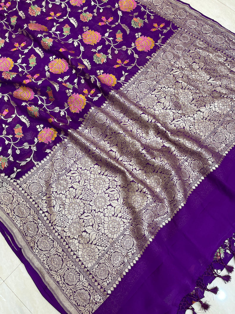 Khaddi Georgette Handloom Banarasi Saree - All over Jaal Work with meenakari - The Handlooms