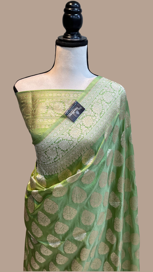 Pista Pure Katan Silk Banarasi Handloom Saree - All over Motifs - The Handlooms