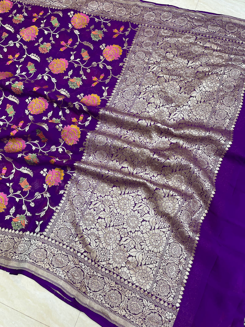 Khaddi Georgette Handloom Banarasi Saree - All over Jaal Work with meenakari - The Handlooms
