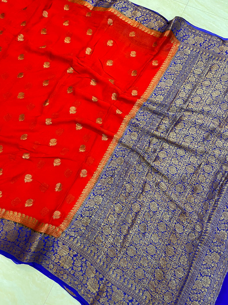 Red Pure Chiffon Khaddi Banarasi Saree - The Handlooms