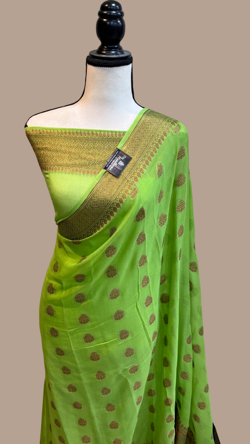 Lime Green Pure Chiffon Khaddi Banarasi Saree - The Handlooms