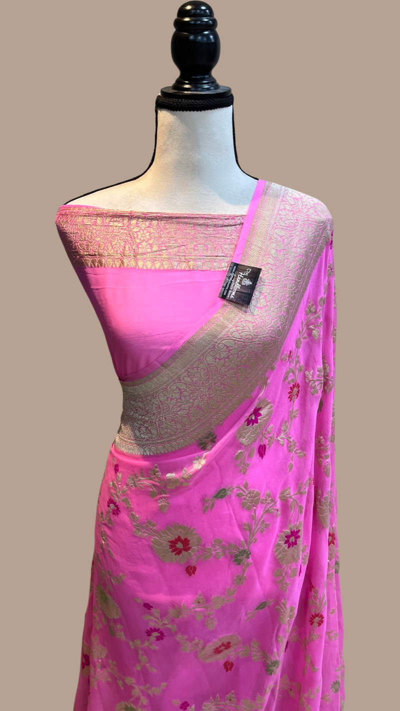 Pink Khaddi Georgette Handloom Banarasi Saree - All over Jaal Work with meenakari - The Handlooms