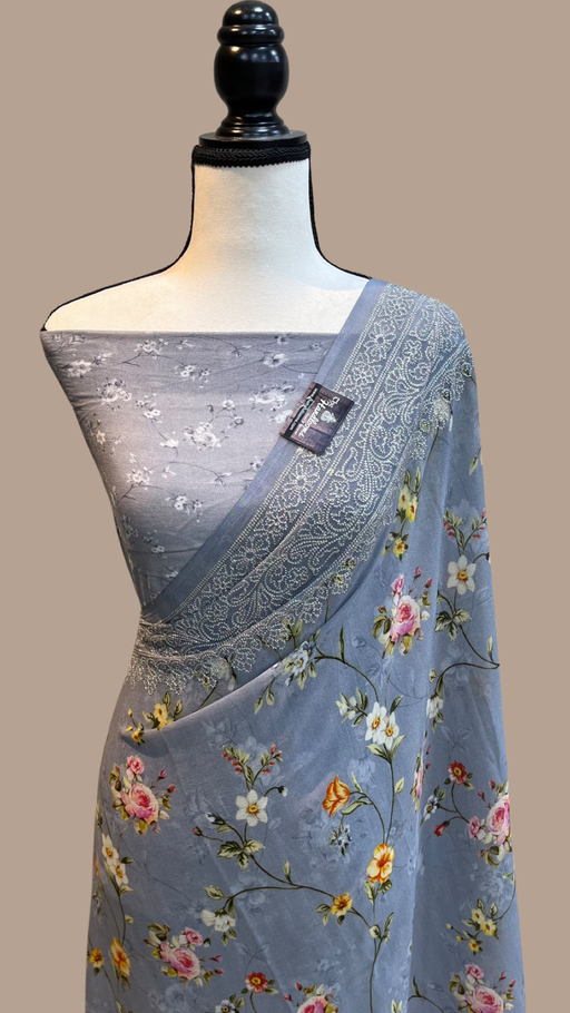 Grey Pure Georgette  Digital Print with Chikankari Handloom Banarasi Saree - The Handlooms