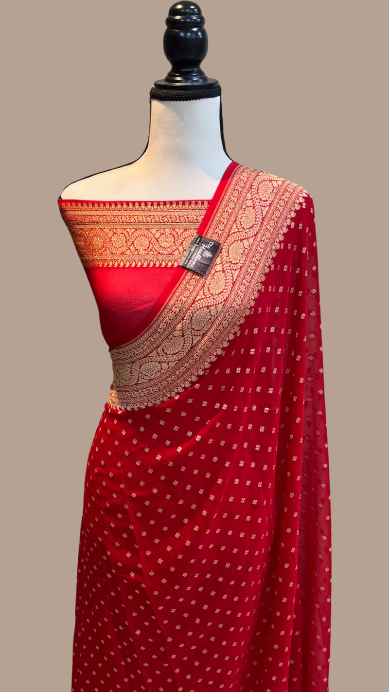 Red Khaddi Georgette Banarasi Saree - Gold zari - The Handlooms