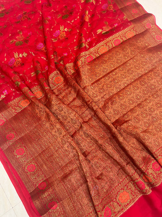 Red Pure Chiffon Khaddi Banarasi Saree - The Handlooms