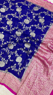 Blue Pure Khaddi Georgette Dupatta - water zari - The Handlooms