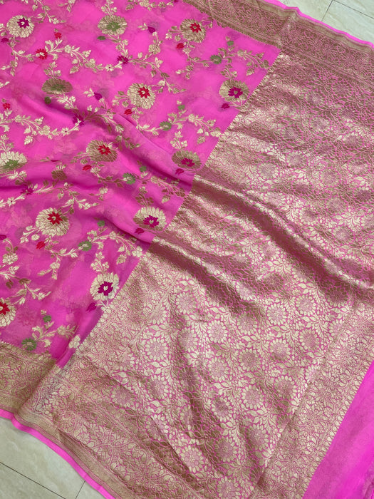 Pink Khaddi Georgette Handloom Banarasi Saree - All over Jaal Work with meenakari - The Handlooms
