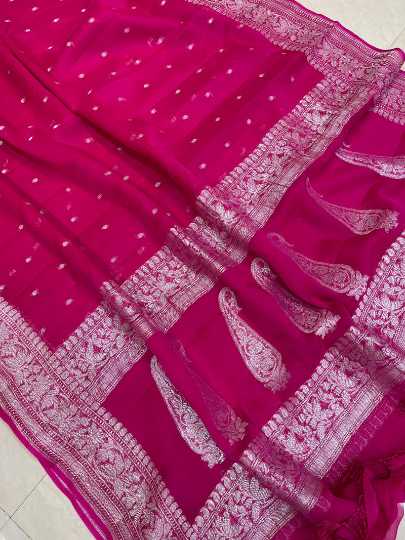Pure Georgette Banarasi Handloom Saree - rani - The Handlooms