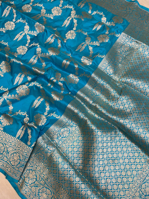 Sky Blue Pure Katan Silk Banarasi Handloom Saree - All over Jaal work - The Handlooms