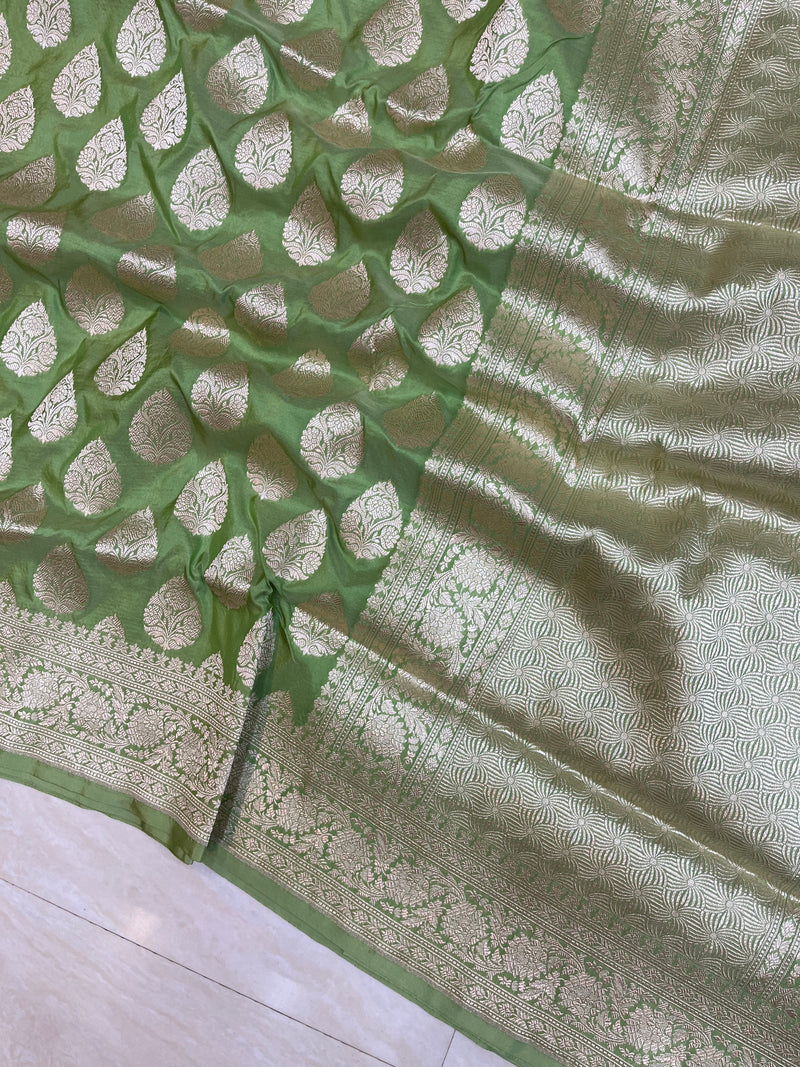 Pista Pure Katan Silk Banarasi Handloom Saree - All over Motifs - The Handlooms