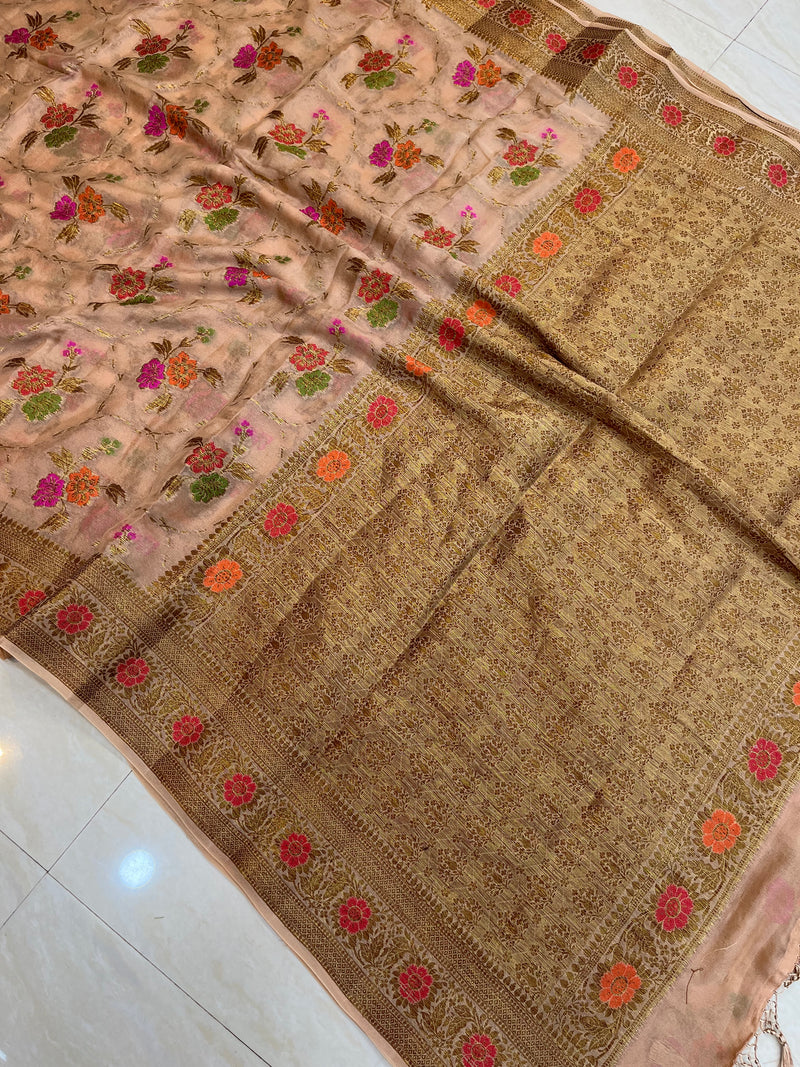 Beige Pure Chiffon Khaddi Banarasi Saree - The Handlooms