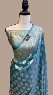 Sea Blue Pure Katan Silk Banarasi Handloom Saree - All over Sona Roopa work - The Handlooms