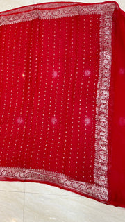 Pure Georgette Dupatt - Red silver zari - The Handlooms