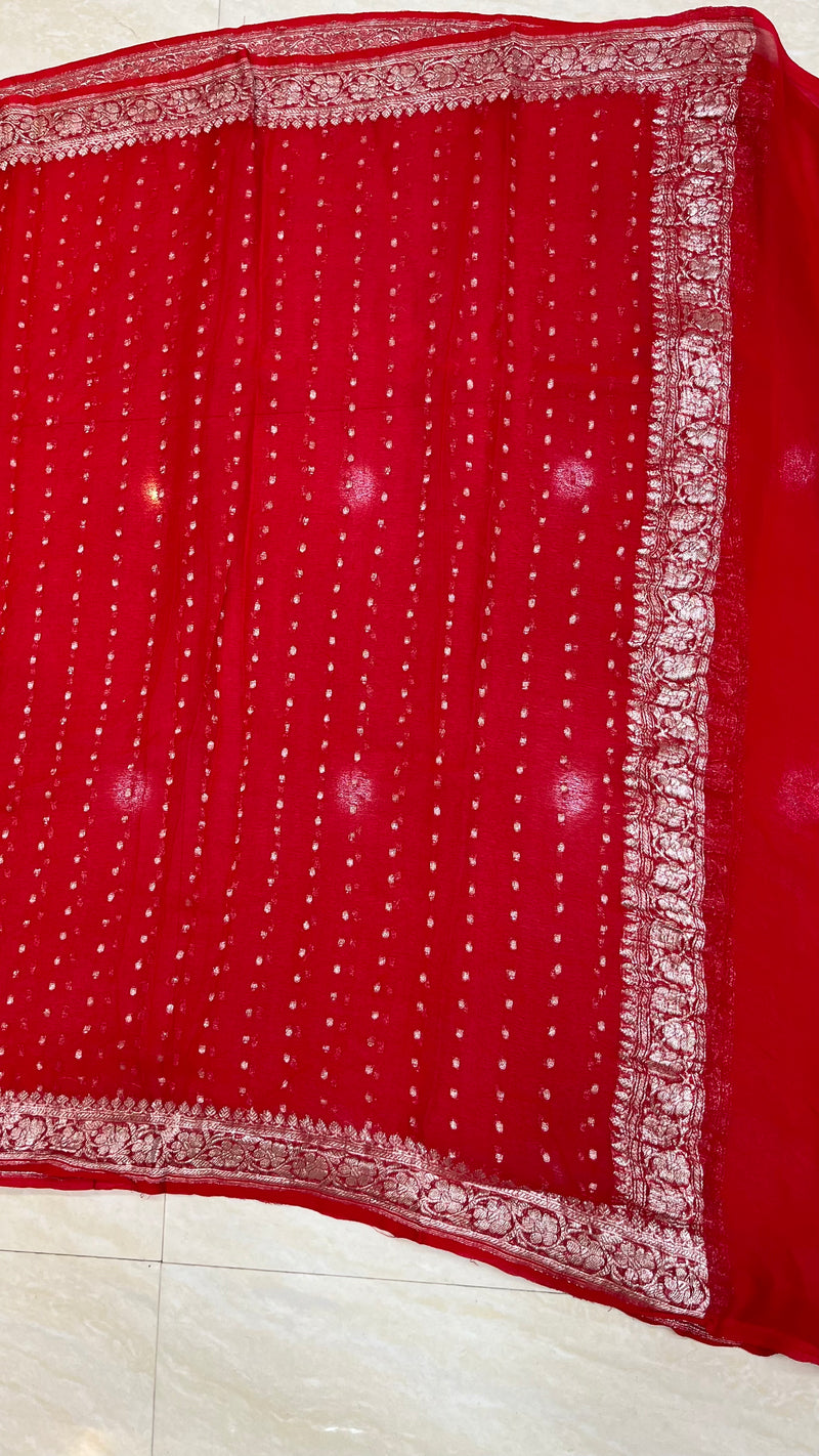 Pure Georgette Dupatt - Red silver zari - The Handlooms