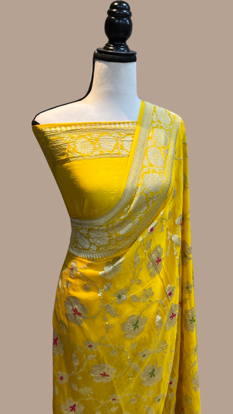 Pure Khaddi Georgette Handloom Banarasi Saree - All over Jaal Work with meenakari - The Handlooms